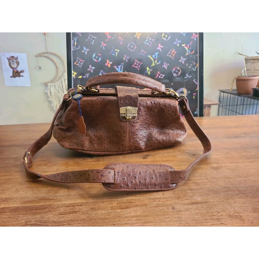 Amerileather Shoulder Bag Brown Ostrich Print Snap